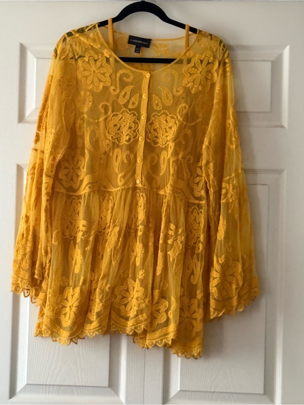 Lane Bryant Yellow Embroidered Sheer Peasant Blouse